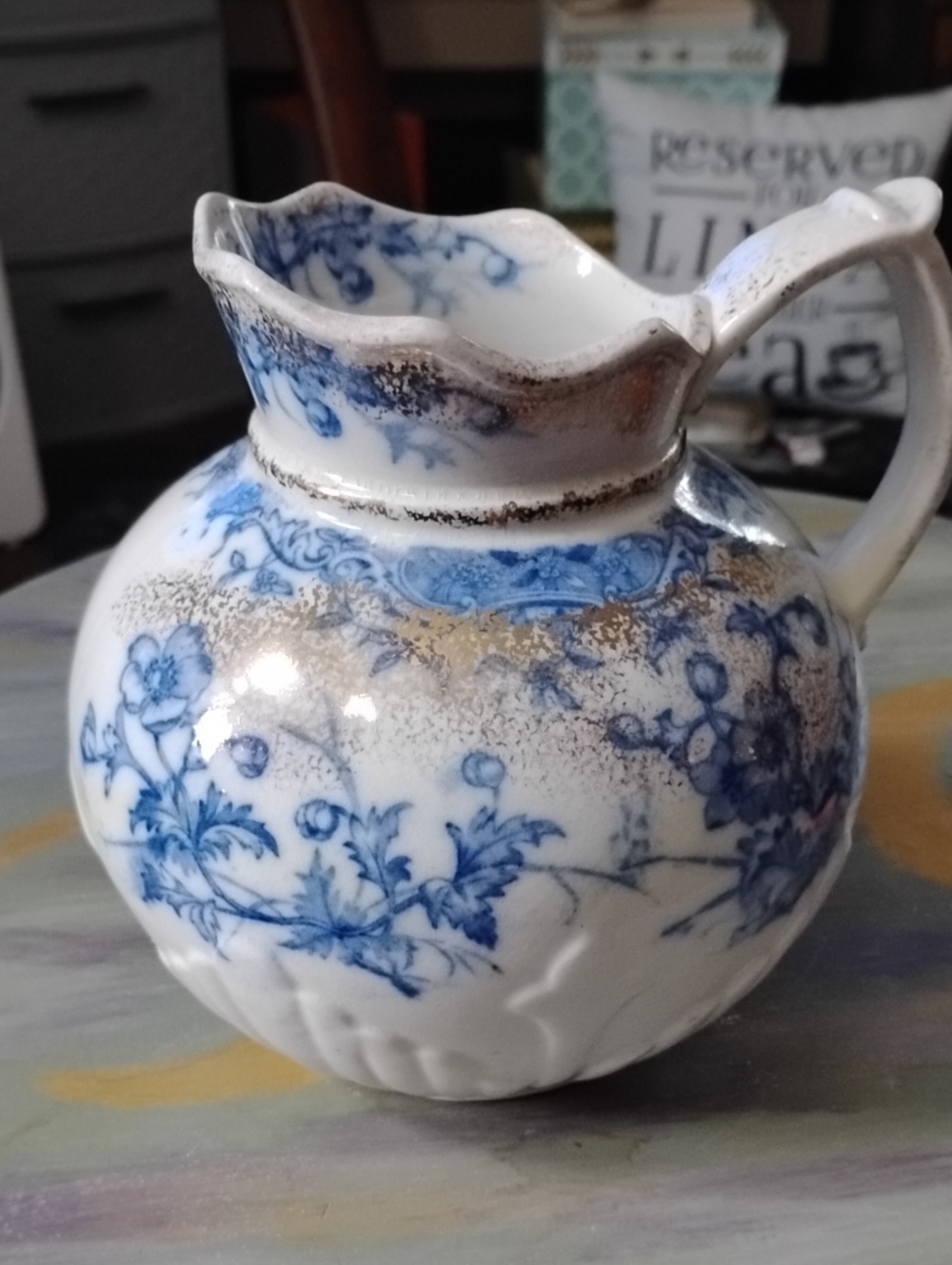 Columbia, C HTurnstall Blue and White Floral Ceramic Pitcher with Gold Accents